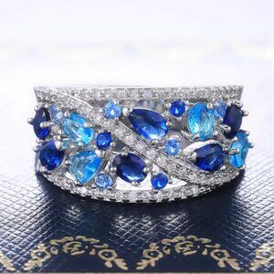 NEW 925 Sterling Silver Sapphire Diamond Ring Band Chunky Large Blue Stone Ring